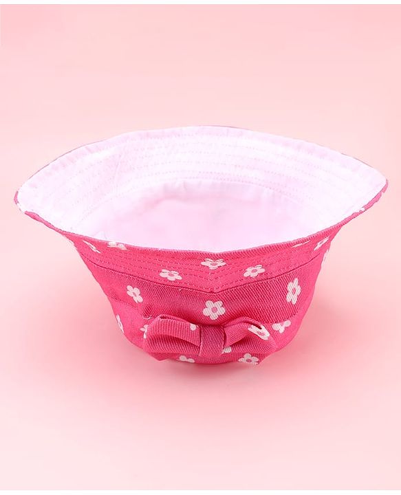 Babyhug Twill Woven Floral Printed Bucket Cap With Bow Applique Dark Pink - Diameter 16 cm