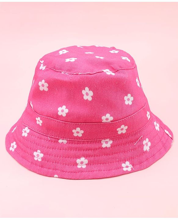 Babyhug Twill Woven Floral Printed Bucket Cap With Bow Applique Dark Pink - Diameter 16 cm