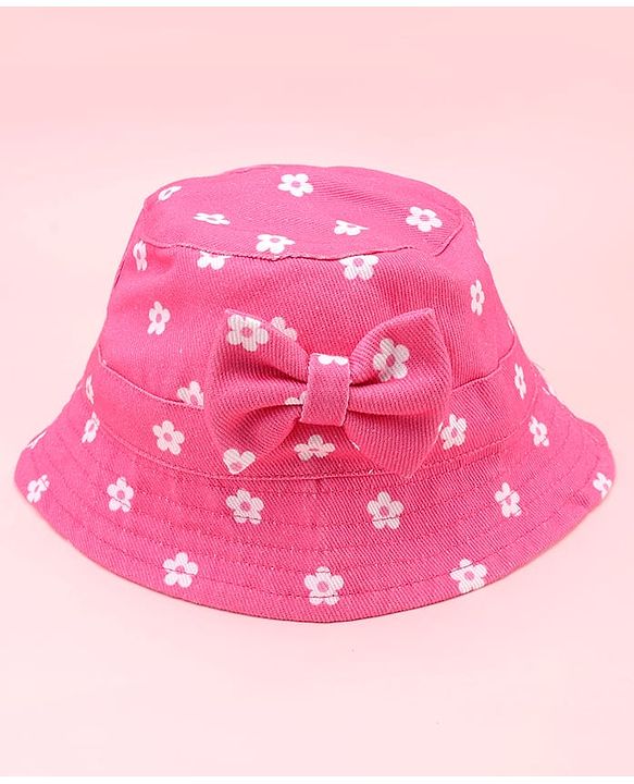 Babyhug Twill Woven Floral Printed Bucket Cap With Bow Applique Dark Pink - Diameter 16 cm