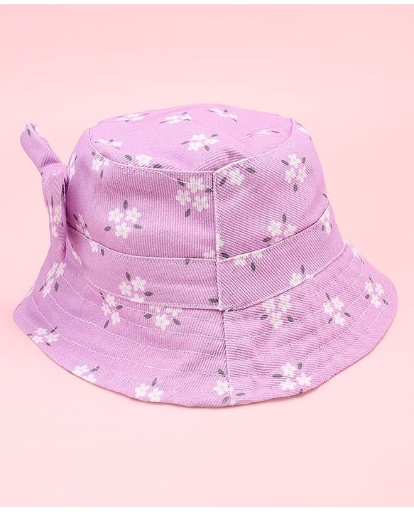 Babyhug Twill Woven Floral Printed Bucket Cap With Bow Applique Lavender - Diameter 16 cm