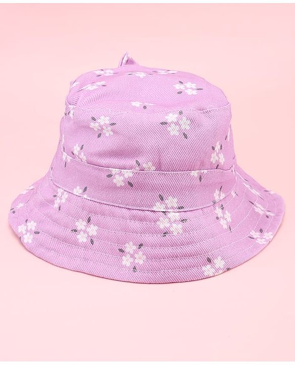 Babyhug Twill Woven Floral Printed Bucket Cap With Bow Applique Lavender - Diameter 16 cm