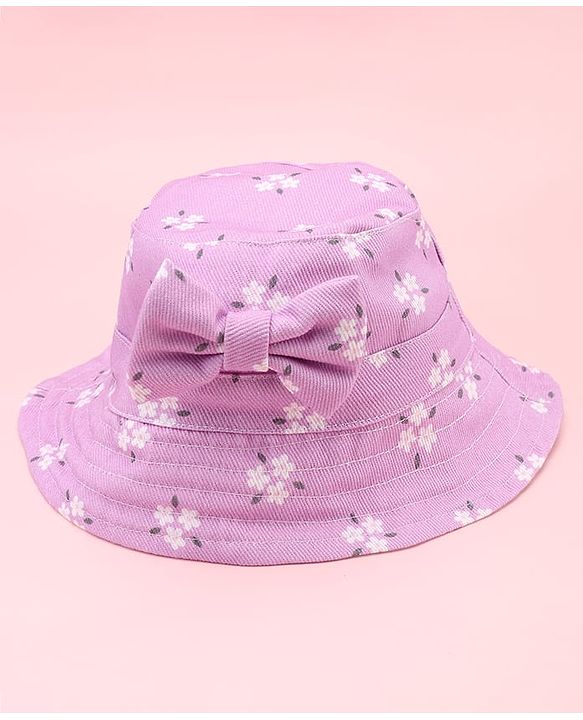 Babyhug Twill Woven Floral Printed Bucket Cap With Bow Applique Lavender - Diameter 16 cm
