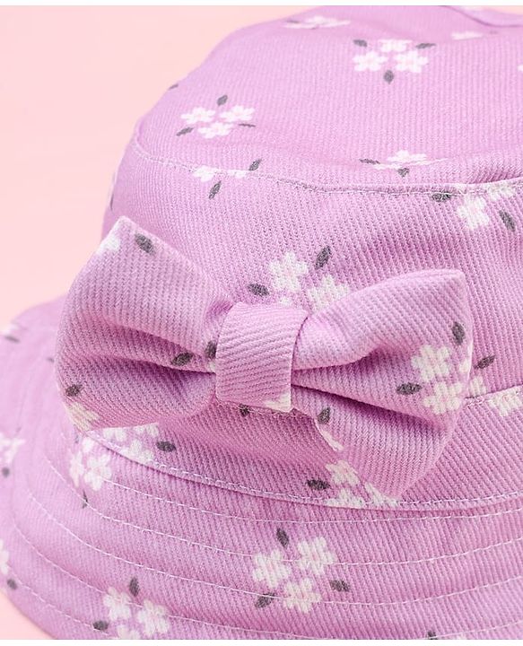 Babyhug Twill Woven Floral Printed Bucket Cap With Bow Applique Lavender - Diameter 16 cm