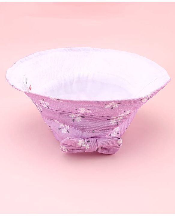 Babyhug Twill Woven Floral Printed Bucket Cap With Bow Applique Lavender - Diameter 16 cm