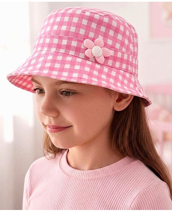 Babyhug Twill Woven Checks Bucket Hat With Floral Applique Pink - Diameter 17 cm