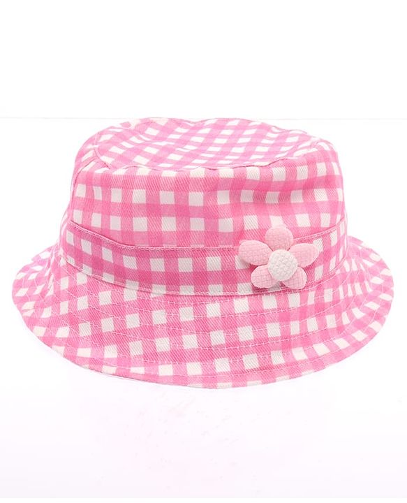 Babyhug Twill Woven Checks Bucket Hat With Floral Applique Pink - Diameter 17 cm