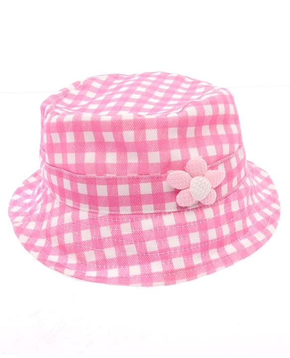 Babyhug Twill Woven Checks Bucket Hat With Floral Applique Pink - Diameter 17 cm