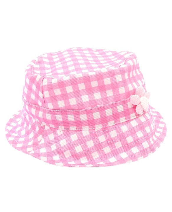 Babyhug Twill Woven Checks Bucket Hat With Floral Applique Pink - Diameter 17 cm