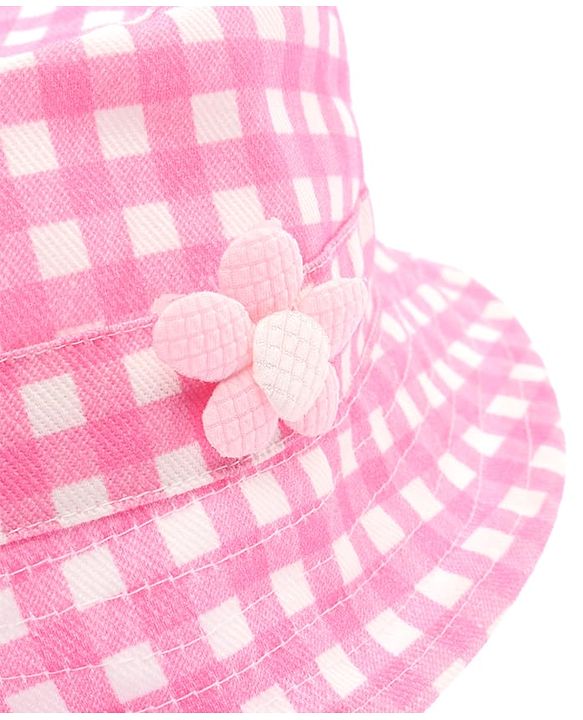 Babyhug Twill Woven Checks Bucket Hat With Floral Applique Pink - Diameter 17 cm