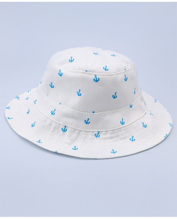 Babyhug Twill Woven Nautical Theme Printed Bucket Cap White - Diameter 17 cm