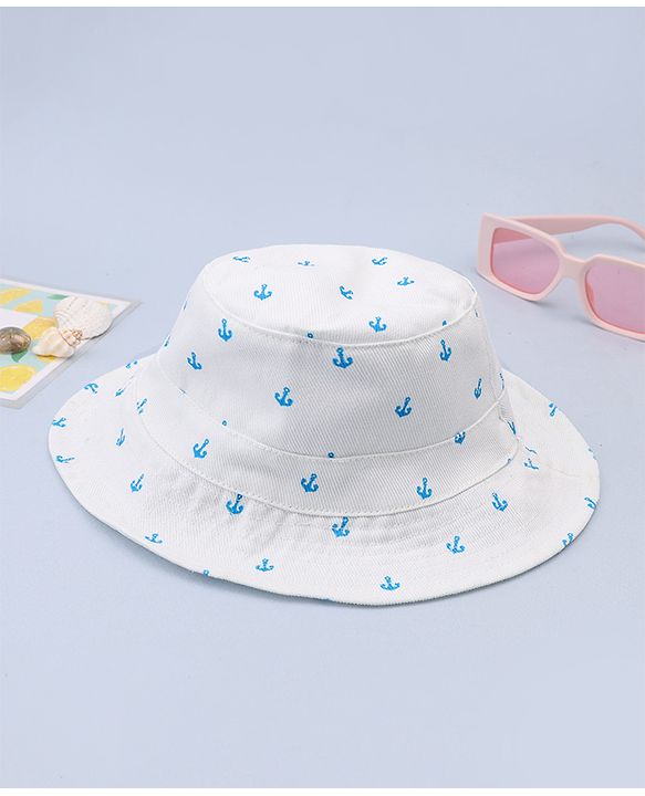 Babyhug Twill Woven Nautical Theme Printed Bucket Cap White - Diameter 17 cm