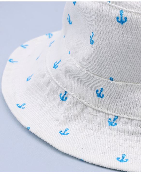 Babyhug Twill Woven Nautical Theme Printed Bucket Cap White - Diameter 17 cm