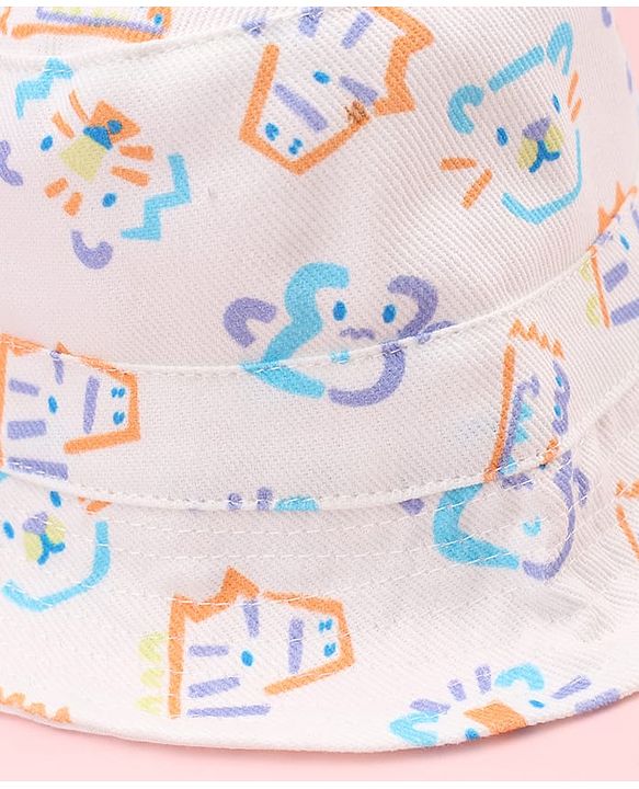Babyhug Twill Woven Animal Printed Bucket Cap White - Diameter 16 cm