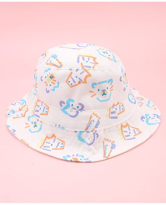 Babyhug Twill Woven Animal Printed Bucket Cap White - Diameter 16 cm