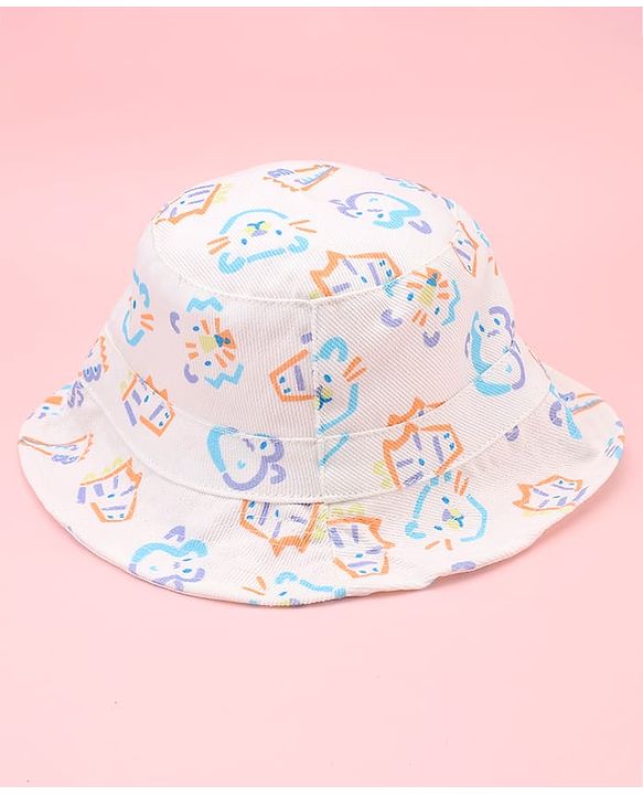 Babyhug Twill Woven Animal Printed Bucket Cap White - Diameter 16 cm