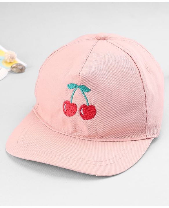 Babyhug Twill Woven Baseball Cap with Cherry Embroidery Pink - Diameter 16 cm