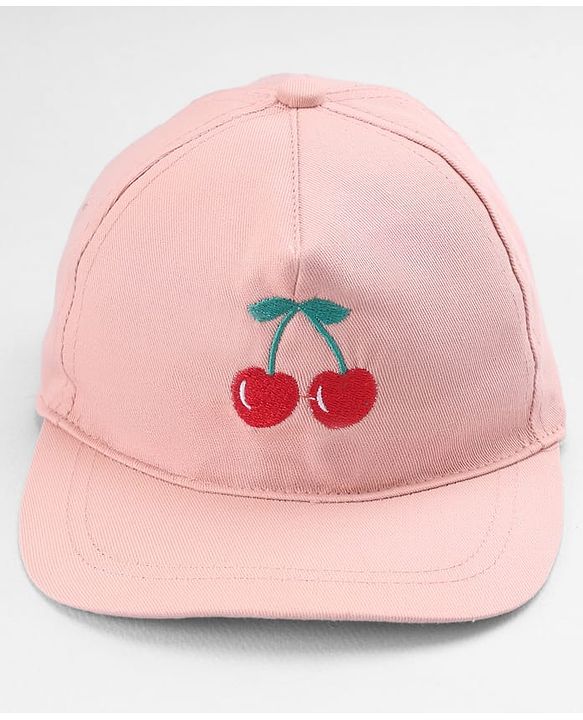 Babyhug Twill Woven Baseball Cap with Cherry Embroidery Pink - Diameter 16 cm