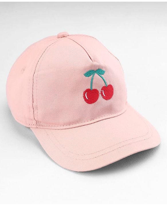 Babyhug Twill Woven Baseball Cap with Cherry Embroidery Pink - Diameter 16 cm