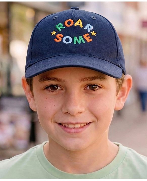 Babyhug Twill 100% Cotton Woven Baseball Cap With Text Print Navy Blue - Diameter 14.5 cm