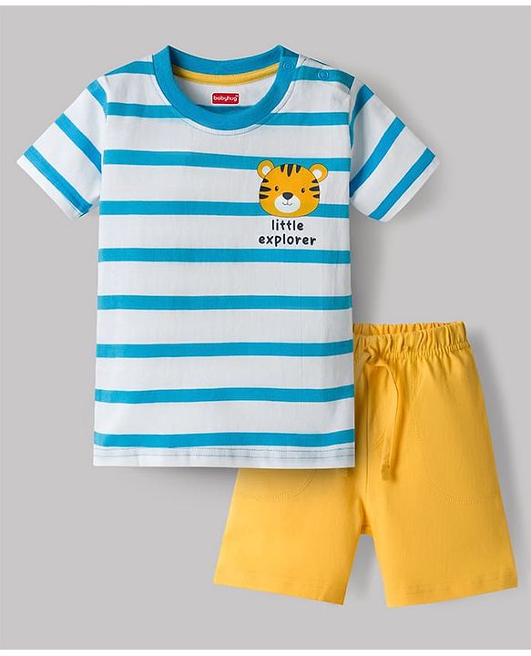 Babyhug Single Jersey Knit Half Sleeves Striped T-Shirt & Shorts With Tiger Print - Multicolor