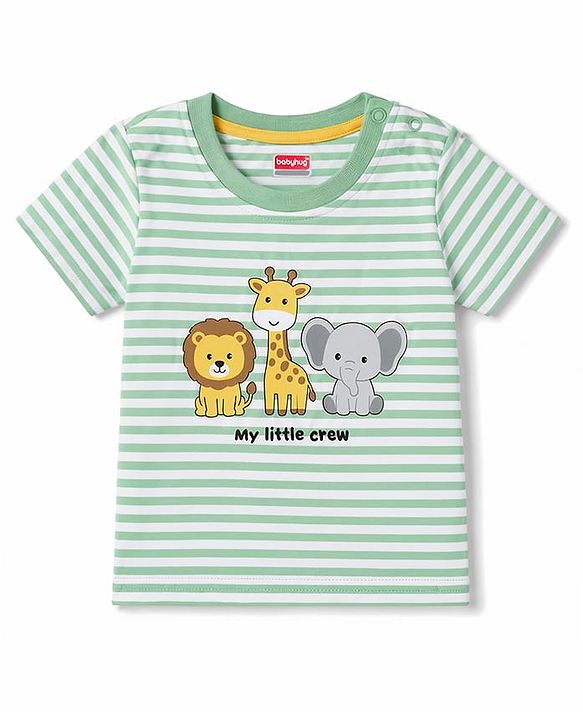 Babyhug 100% Cotton Knit Half Sleeves Striped & Animal Printed T-Shirt & Shorts Set - Green