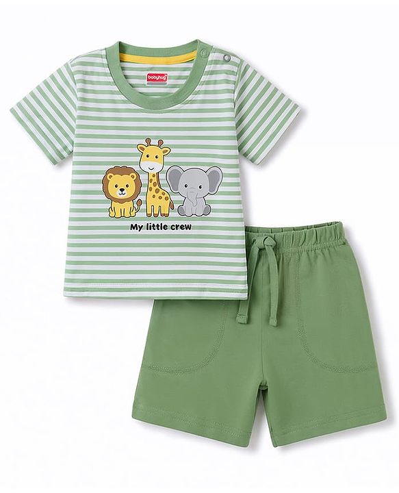 Babyhug 100% Cotton Knit Half Sleeves Striped & Animal Printed T-Shirt & Shorts Set - Green