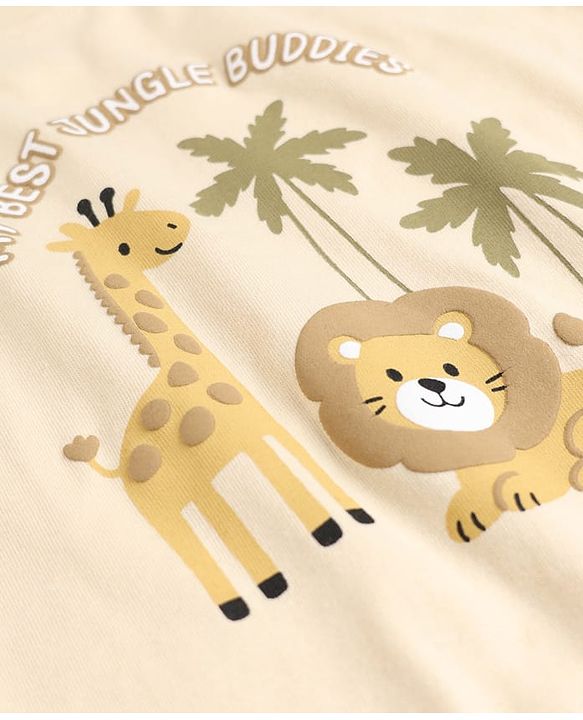 Babyhug Single Jersey Knit Half Sleeves T-Shirt & Shorts Set with Animal Print - Light Brown & Green