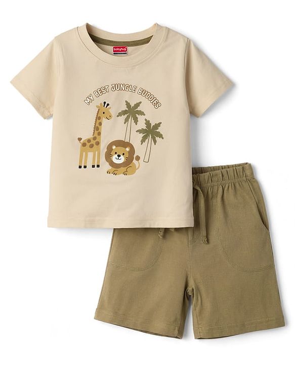 Babyhug Single Jersey Knit Half Sleeves T-Shirt & Shorts Set with Animal Print - Light Brown & Green