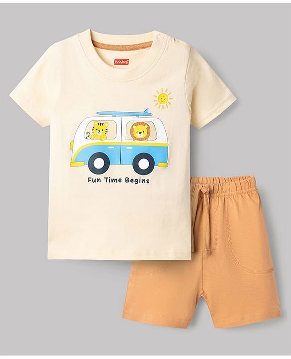 Babyhug Single Jersey Knit Half Sleeves T-Shirt & Shorts Set With Van & Animal Print - Brown