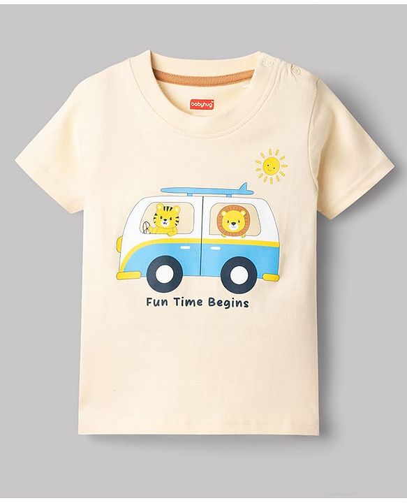 Babyhug Single Jersey Knit Half Sleeves T-Shirt & Shorts Set With Van & Animal Print - Brown