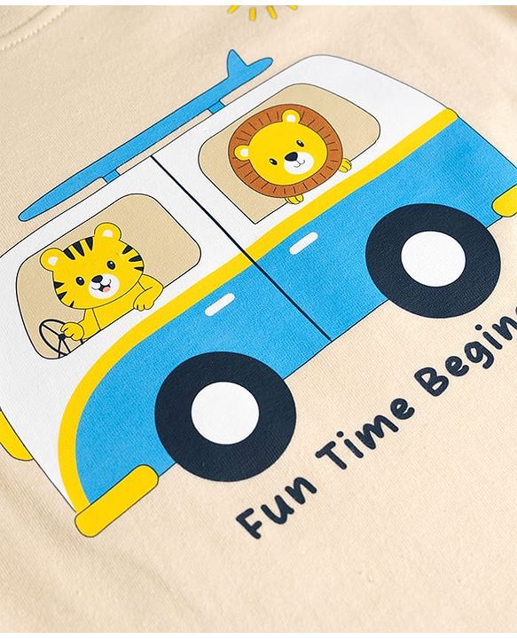 Babyhug Single Jersey Knit Half Sleeves T-Shirt & Shorts Set With Van & Animal Print - Brown
