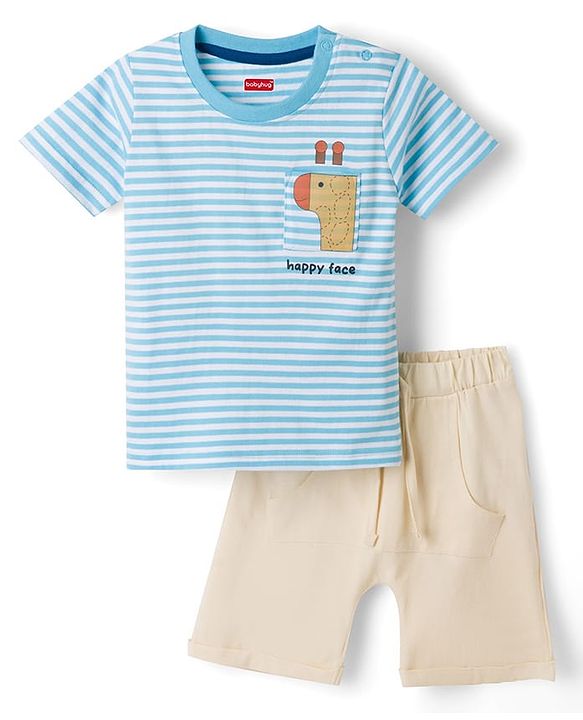 Babyhug 100% Cotton Knit Half Sleeves Animal & Striped T-Shirt & Shorts Set - Light Blue