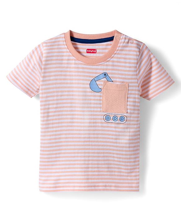 Babyhug 100% Cotton Knit Half Sleeves Vehicles Printed & Striped T-Shirt & Shorts Set - Peach & Light Blue