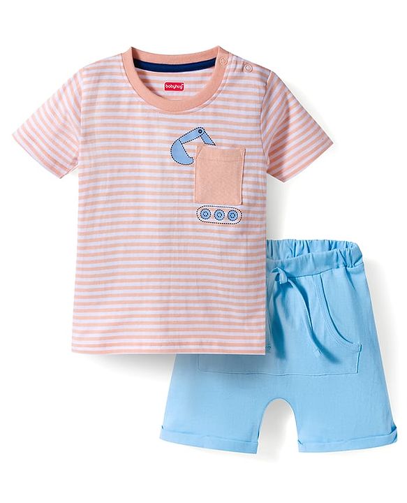 Babyhug 100% Cotton Knit Half Sleeves Vehicles Printed & Striped T-Shirt & Shorts Set - Peach & Light Blue