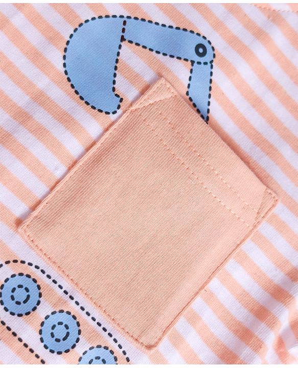 Babyhug 100% Cotton Knit Half Sleeves Vehicles Printed & Striped T-Shirt & Shorts Set - Peach & Light Blue