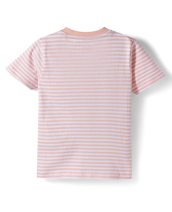 Babyhug 100% Cotton Knit Half Sleeves Vehicles Printed & Striped T-Shirt & Shorts Set - Peach & Light Blue