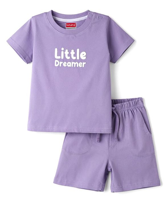 Babyhug Single Jersey Knit Half Sleeves T-Shirt & Shorts Set with Little Dreamer Print - Purple
