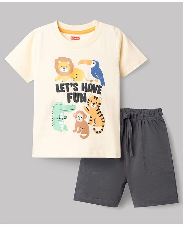 Babyhug Single Jersey Knit Half Sleeves T-Shirt & Shorts Set With  Animal Print - Grey
