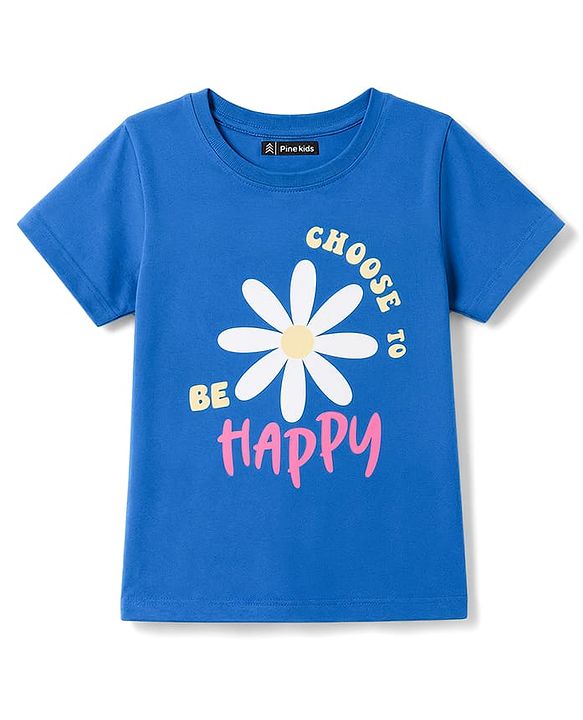 Pine Kids Cotton Knit T-Shirts Half Sleeves Round Neck Floral Graphic Blue 4-5 Years