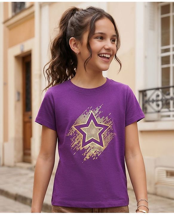 Pine Kids Cotton Knit Half Sleeves Star Printed T-Shirt - Purple