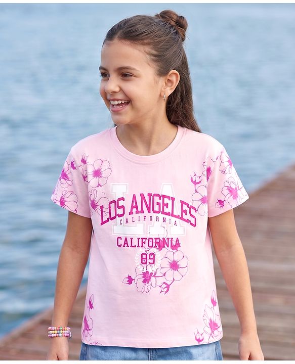 Pine Kids Cotton Knit T-Shirts with Floral Print Half Sleeves Round Neck Pink 4-5 Years