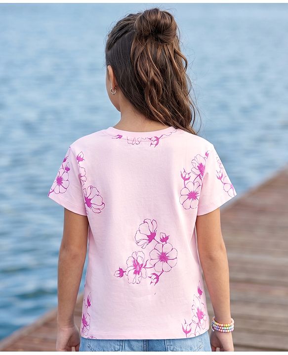 Pine Kids Cotton Knit T-Shirts with Floral Print Half Sleeves Round Neck Pink 4-5 Years