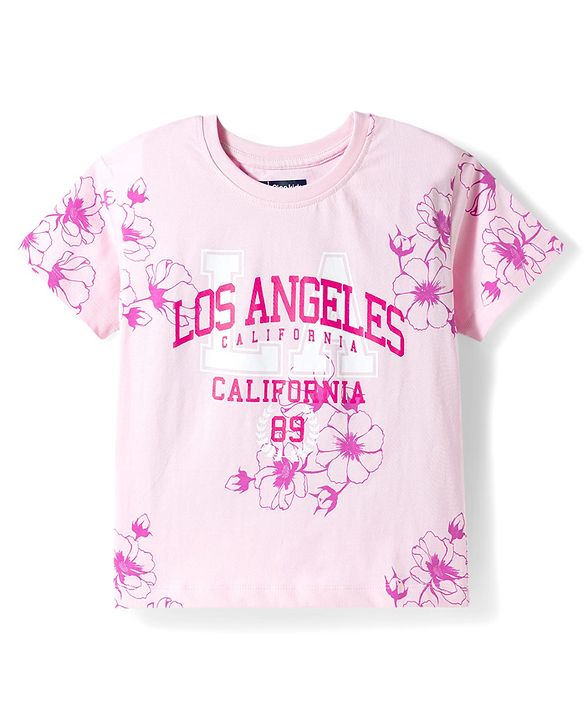 Pine Kids Cotton Knit T-Shirts with Floral Print Half Sleeves Round Neck Pink 4-5 Years