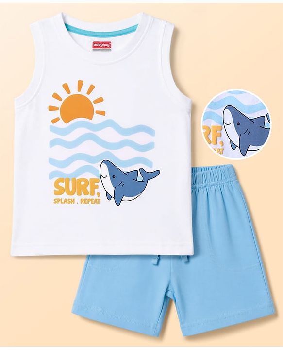 Babyhug Single Jersey Knit Sleeveless Sea Life Printed Tank T-Shirt & Shorts Set - White & Light Blue