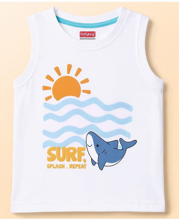 Babyhug Single Jersey Knit Sleeveless Sea Life Printed Tank T-Shirt & Shorts Set - White & Light Blue