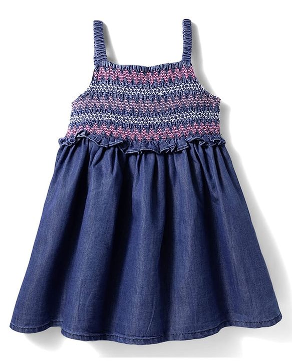 Babyhug Woven Sleeveless Solid Denim Frock With Smock Detailing - Blue