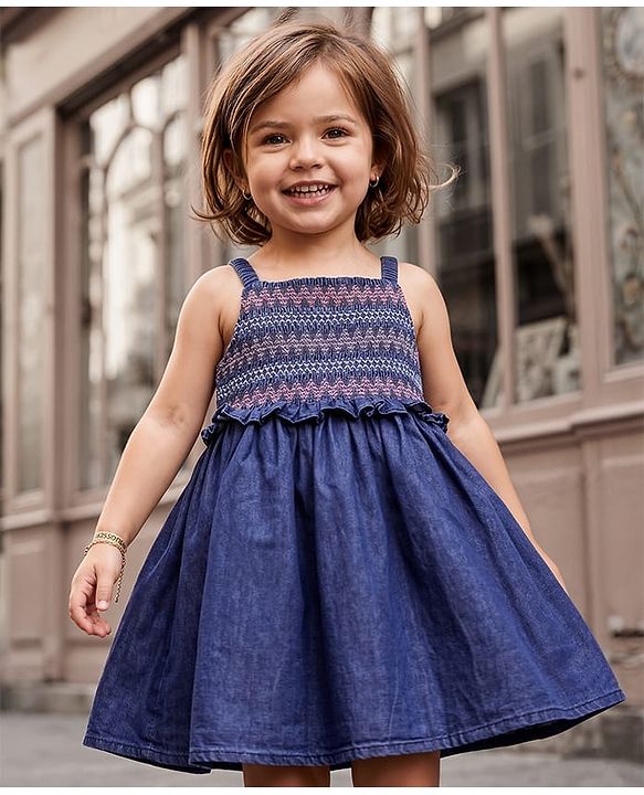 Babyhug Woven Sleeveless Solid Denim Frock With Smock Detailing - Blue