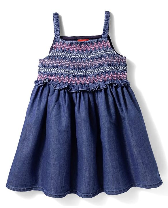 Babyhug Woven Sleeveless Solid Denim Frock With Smock Detailing - Blue