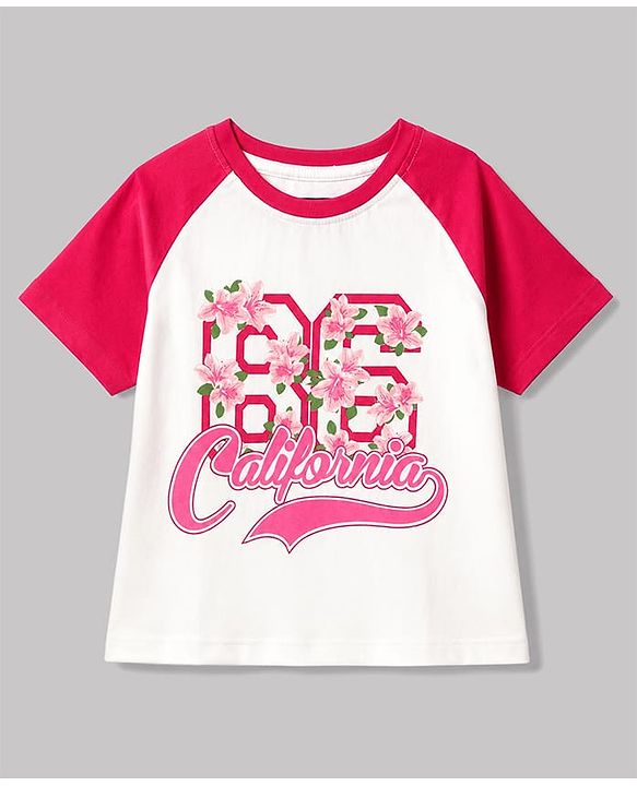 Pine Kids Cotton Knit Raglan Sleeves Oversized T-Shirt With Text & Floral Print - Multicolor