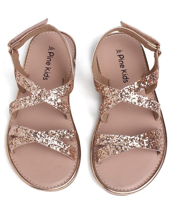 Pine Kids Shimmered Party Wear Sandals with Velcro Closure - Rose Gold